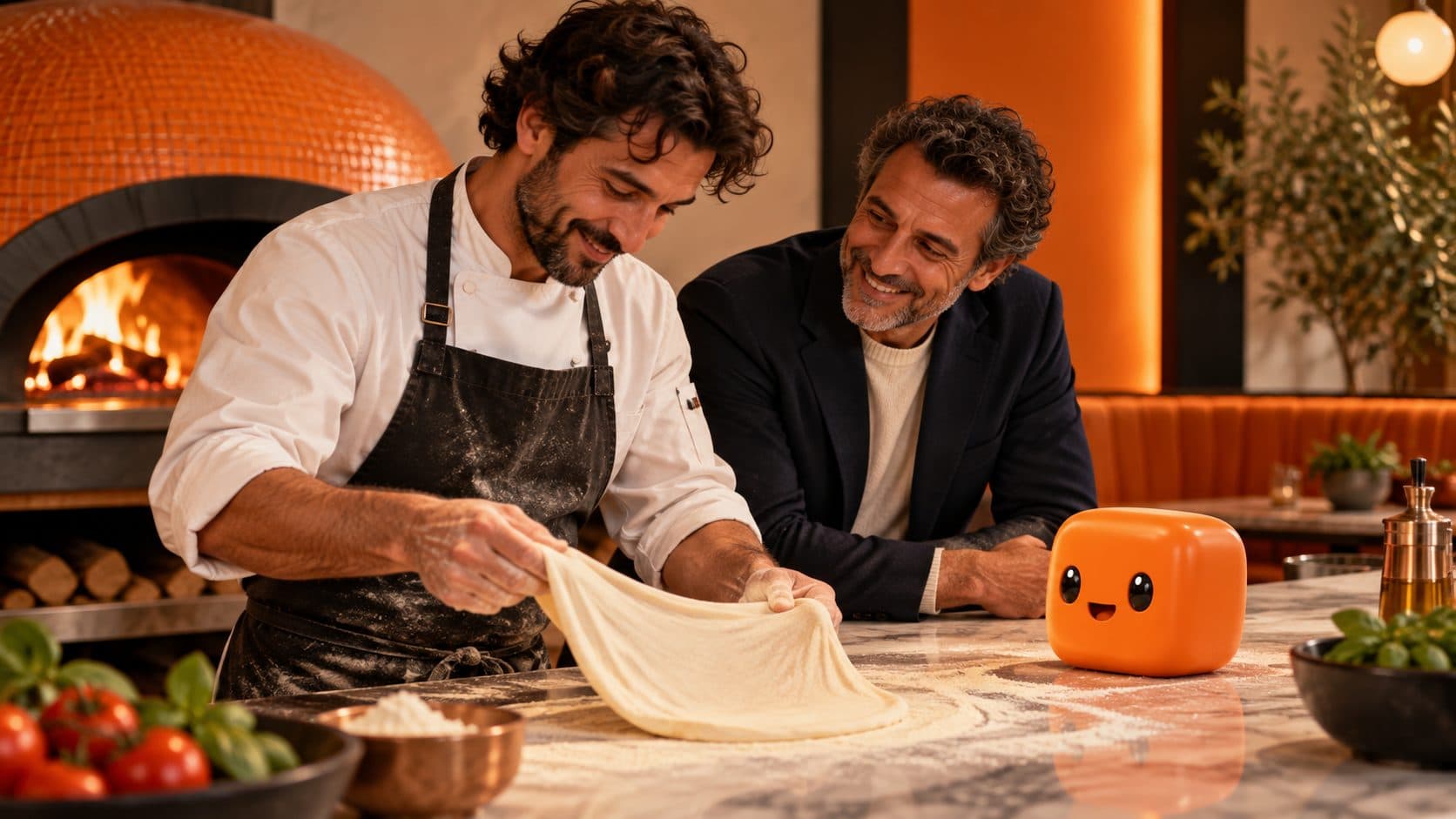 Il pizzaiolo stende l'impasto davanti al forno, con un cliente e Bizzy sul tavolo
