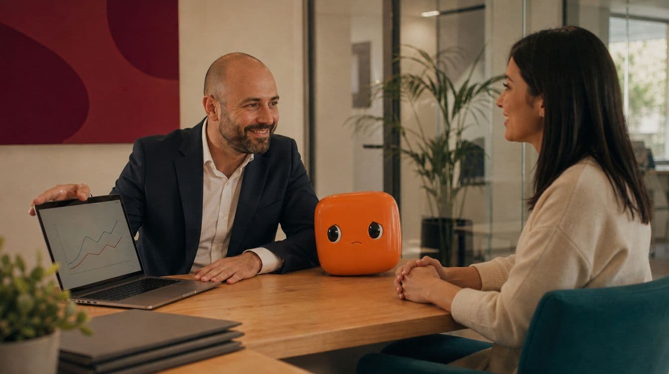 Un consulente assicurativo mostra un grafico a una cliente, accanto alla mascotte Bizzy