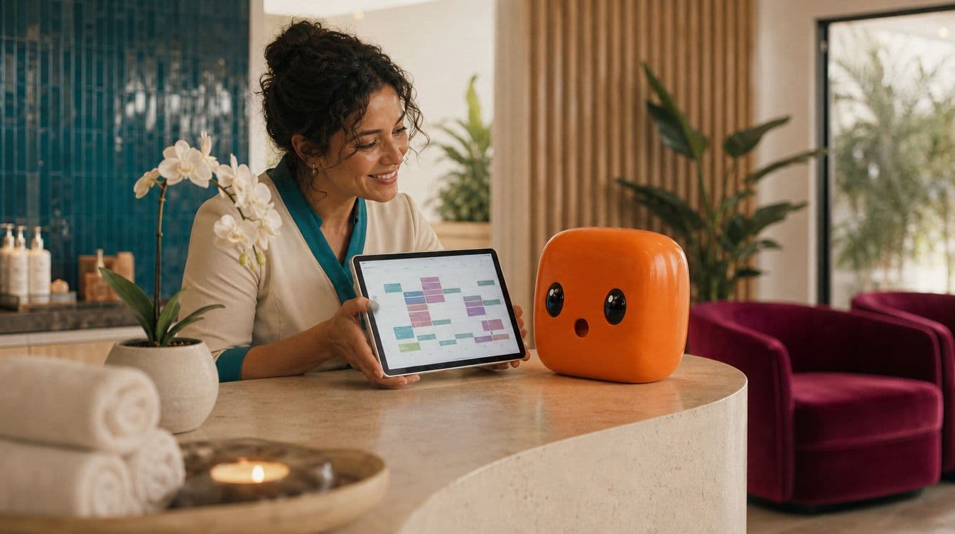 Un'estetista sorridente mostra il calendario degli appuntamenti su un tablet, accanto alla mascotte Bizzy